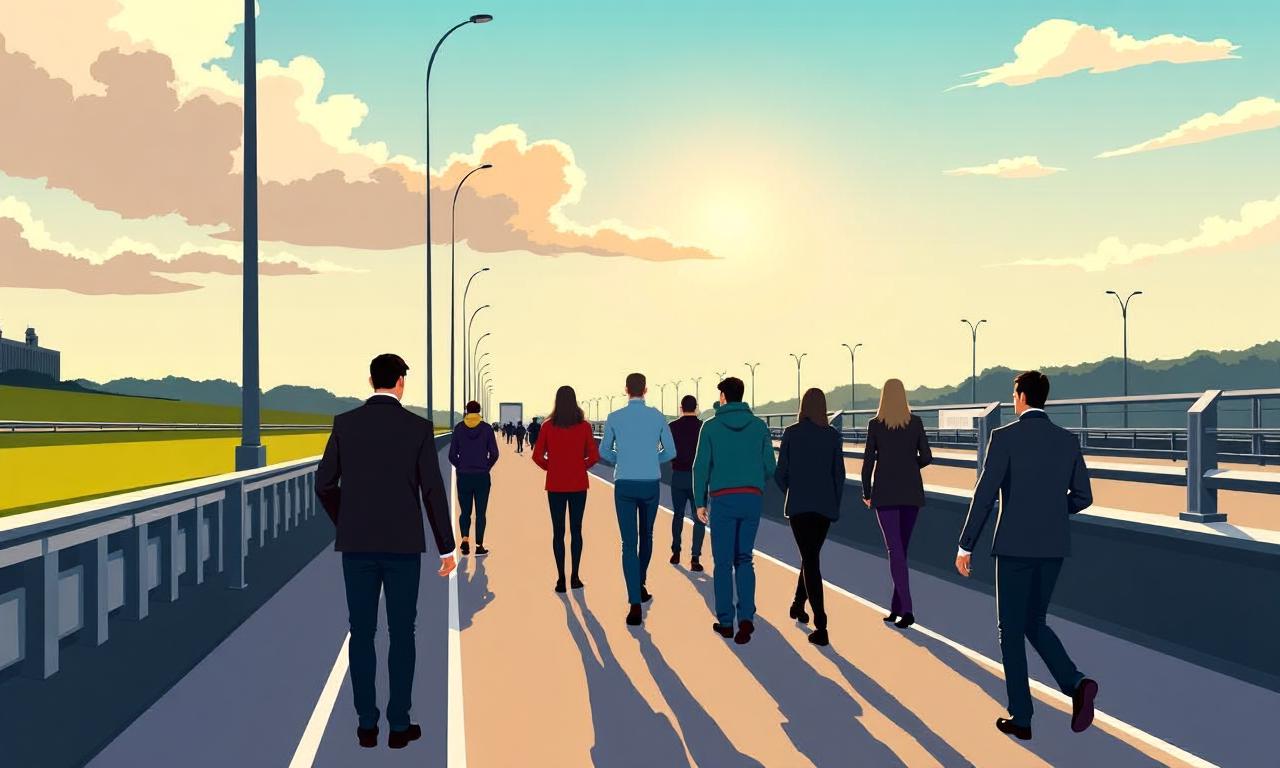 People walk along motorway towards Dublin Airport as fuel protests continue